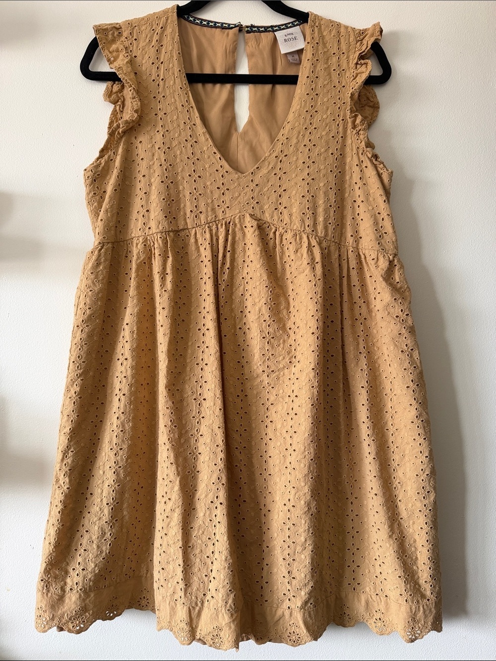 Knox Rose|Boho Mustard Brown Babydoll Eyelet V-Neck Ruffle Slv Dress|Medium|EUC